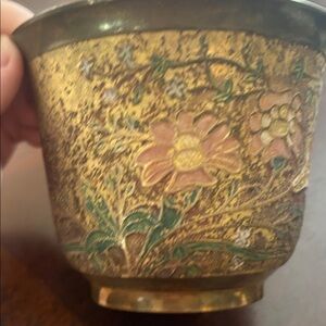 Vintage Solid Brass planter  Gold and Pink floral Decorative planter from India